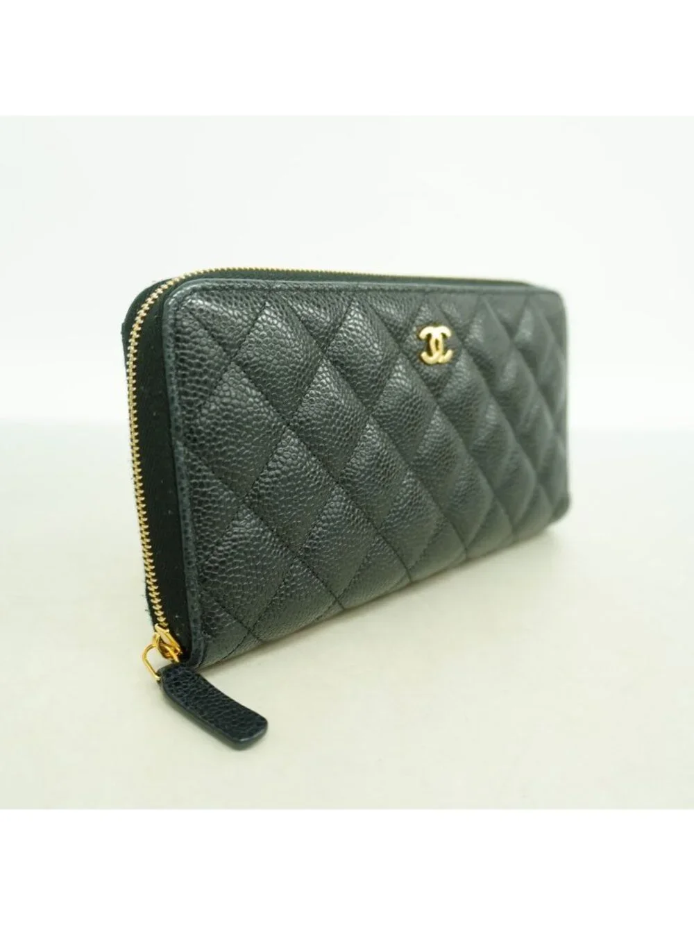 Chanel Wallet Quilted Caviar Leather Black Gold